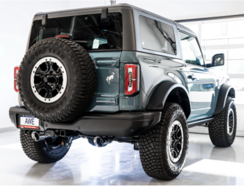 AWE Tuning 2021+ Ford Bronco 0FG Dual Rear Exit Exhaust w/Chrome Silver Tips & Bash Guard