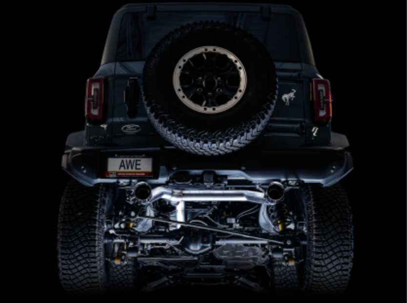 AWE Tuning 2021+ Ford Bronco 0FG Dual Rear Exit Exhaust w/Chrome Silver Tips & Bash Guard