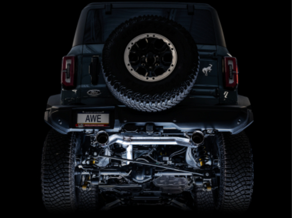 AWE Tuning 2021+ Ford Bronco 0FG Dual Rear Exit Exhaust w/Chrome Silver Tips & Bash Guard