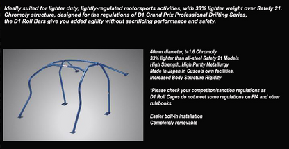Cusco D1 Chromoly 4PT 5-Pssgr Blue Roll Cage 18+ Honda Civic Type-R / 17+ 5-Door Hatchback